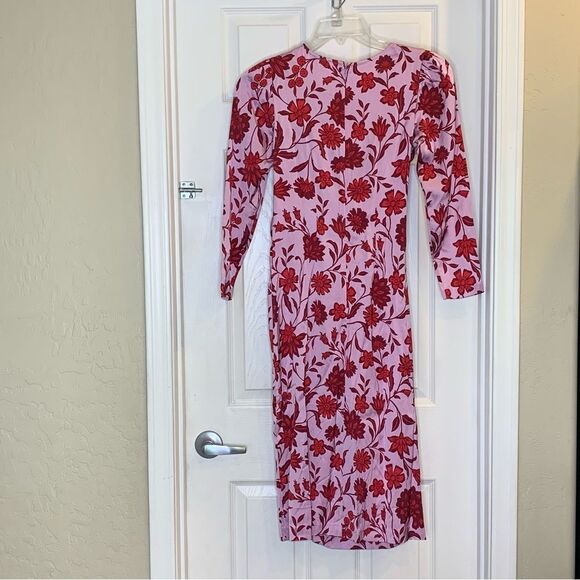 ANN TAYLOR Ruched Midi Dress Pink‎ Red Satin Floral Round Neck Slit Size 2P - Picture 6 of 16
